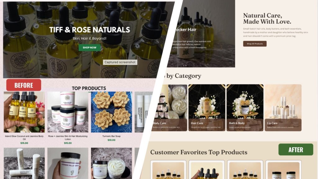Tiff & Rose Naturals e-commerce website redesign case study — natural beauty brand WooCommerce store