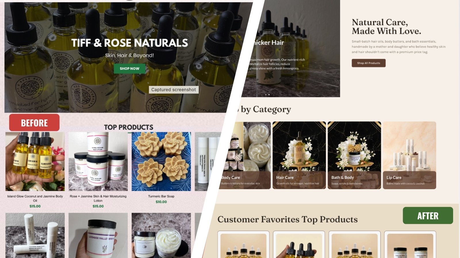 Tiff & Rose Naturals e-commerce website redesign case study — natural beauty brand WooCommerce store